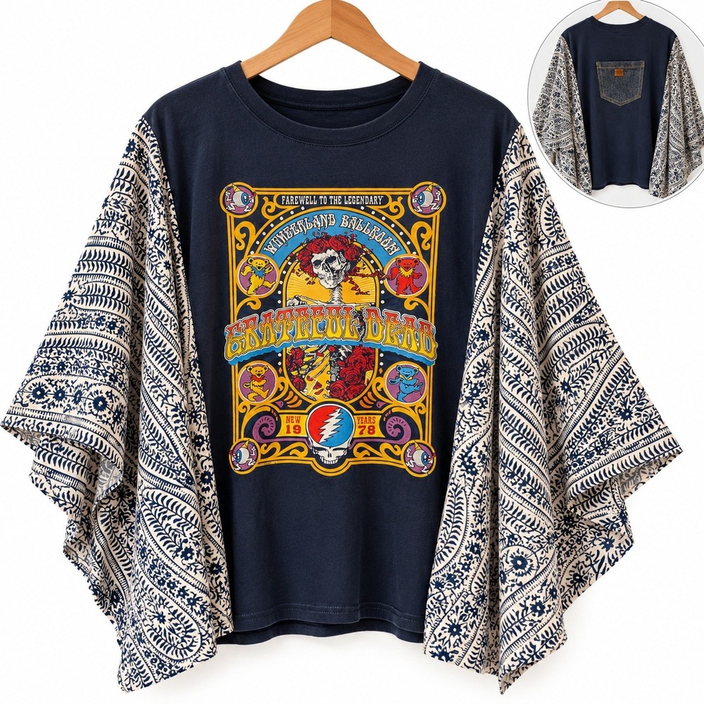 Handmade Reworked Grateful Dead Graphic Tee L Navy Paisley Kimono Sleeve Boho
